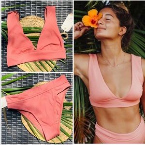 Billabong Coral Pink Ribbed V-Plunge Bikini Set